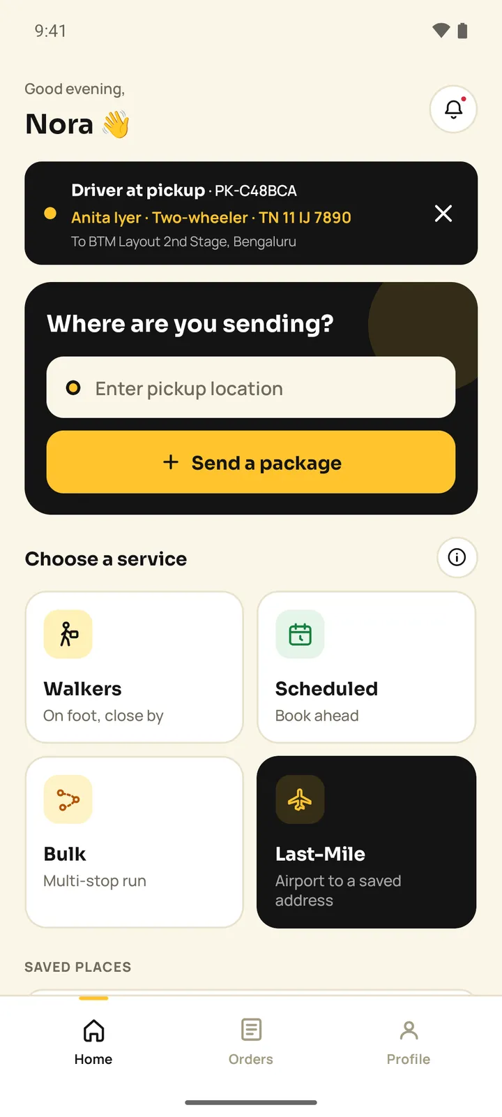 Pakka customer home with a Driver at pickup banner, Where are you sending card, service grid and saved places