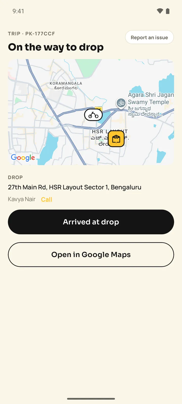 Pakka driver trip screen titled On the way to drop with a map, the drop address and recipient, and Arrived at drop and Open in Google Maps buttons