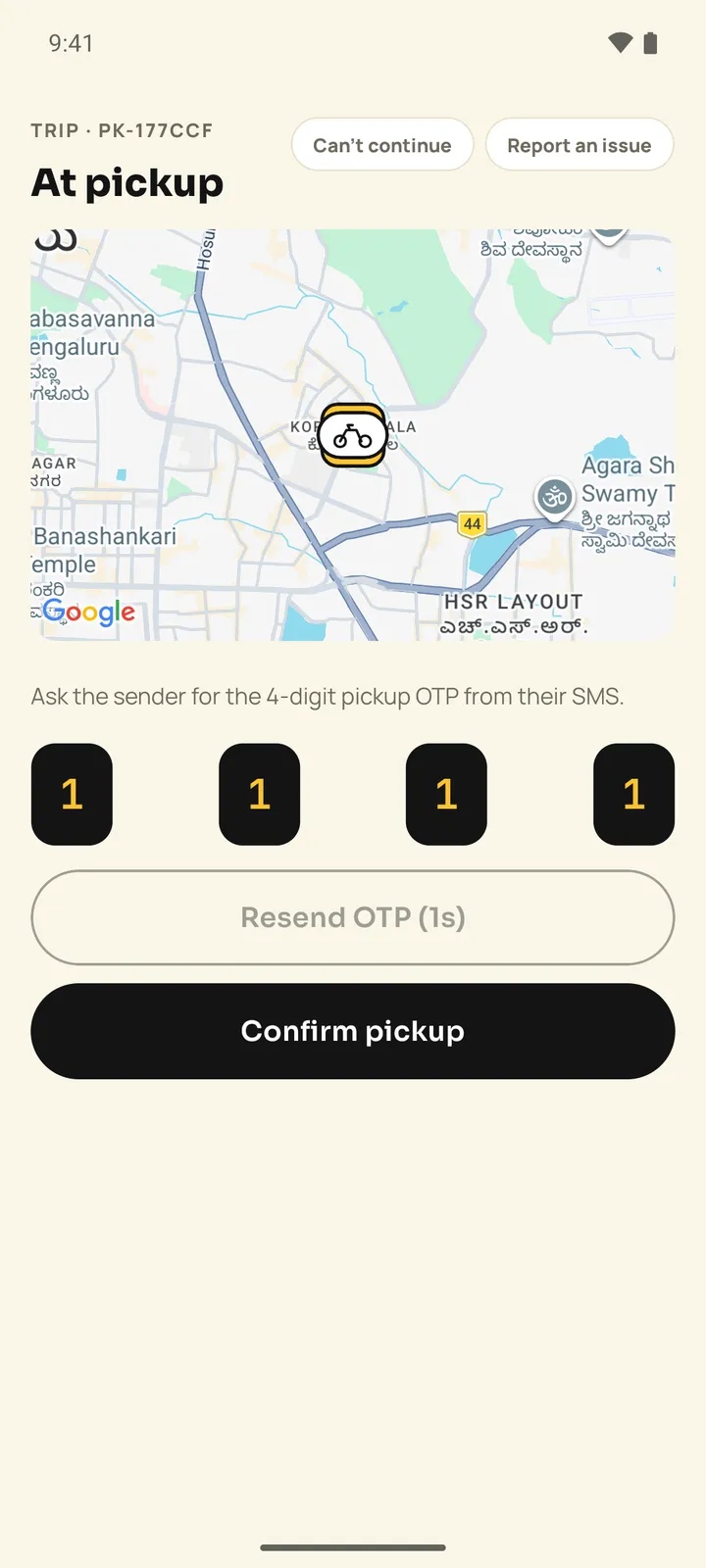 Pakka driver At pickup screen with four filled code boxes, a resend timer and a Confirm pickup button