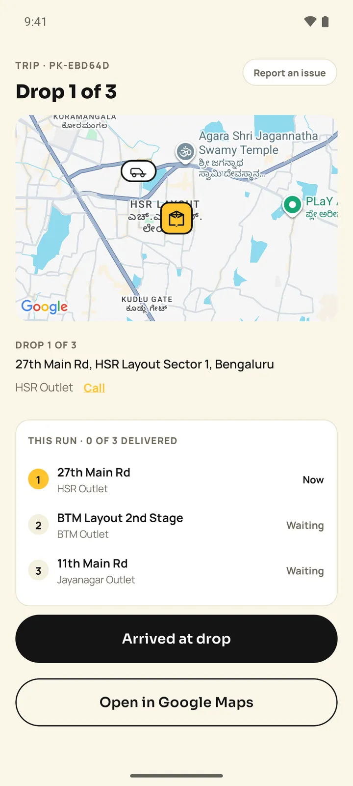 Pakka driver trip screen titled Drop 1 of 3 with a map and a This run list of three numbered drops