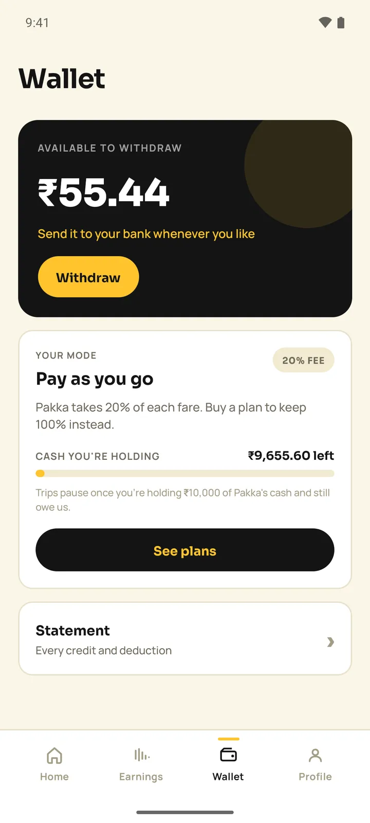 Pakka driver wallet with available to withdraw, Pay as you go 20% fee card, cash holding limit bar, See plans and Statement
