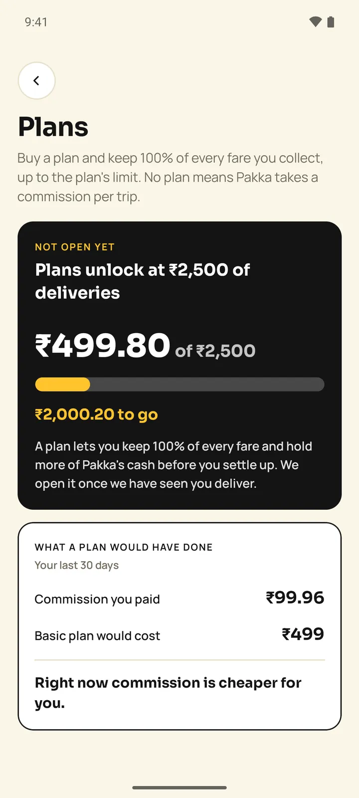 Pakka driver plans screen showing Plans unlock at 2,500 rupees with a progress bar, and a comparison of commission paid against the Basic plan price