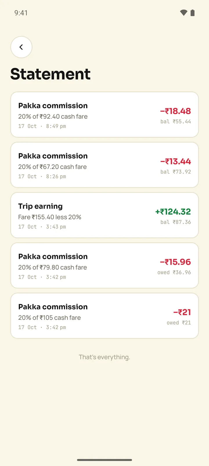 Pakka driver statement listing Pakka commission debits and a trip earning credit with running balances