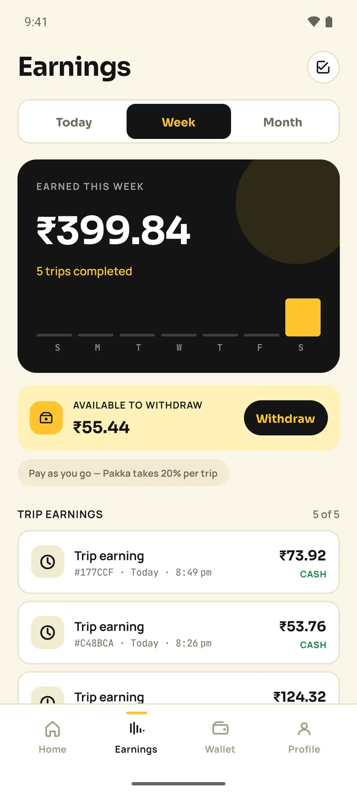 Pakka driver earnings screen with Earned this week total, a weekly bar chart, Available to withdraw and a list of trip earnings