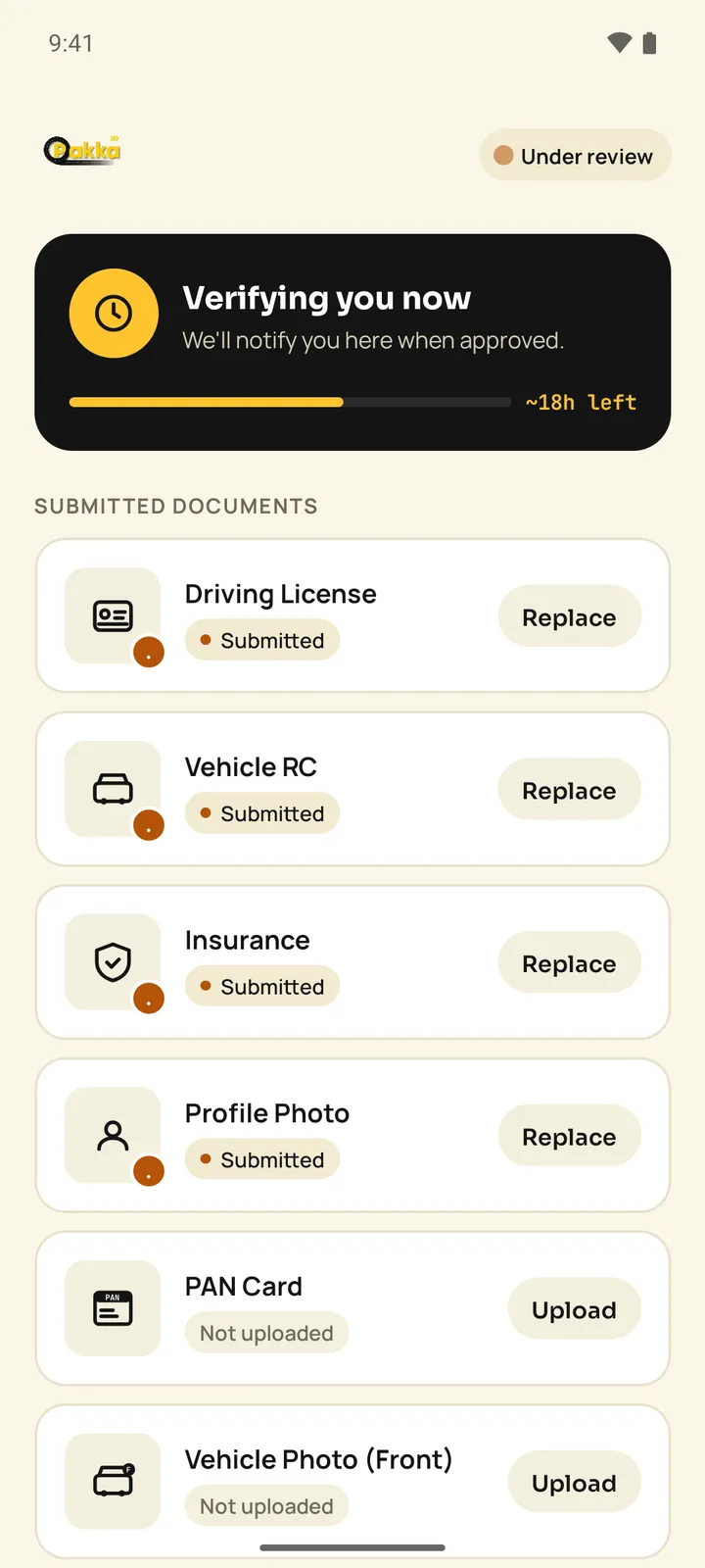 Pakka driver Under review screen with Verifying you now, a time-left bar and a list of submitted and not-uploaded documents