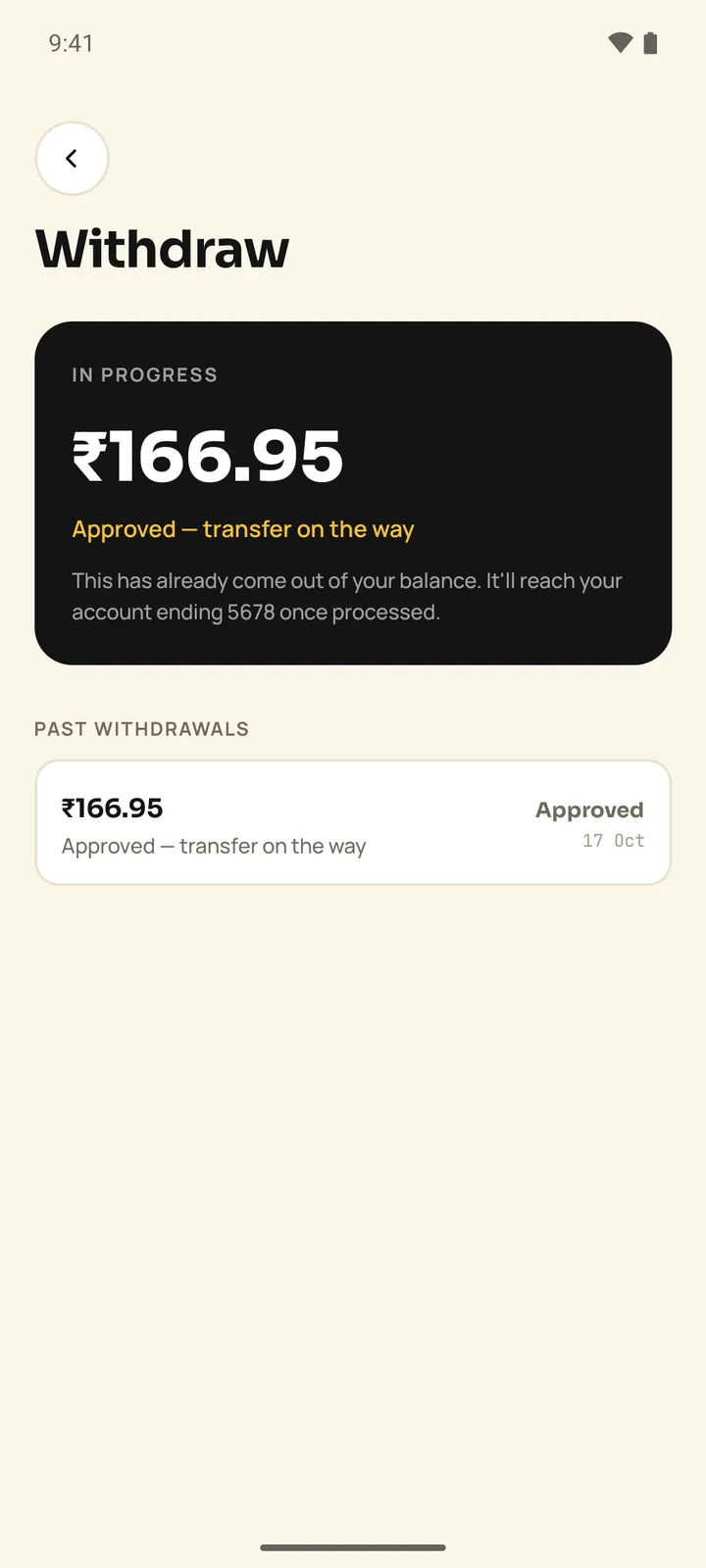 Pakka driver Withdraw screen with an In progress card for 166.95 rupees, Approved transfer on the way, and a past withdrawals list