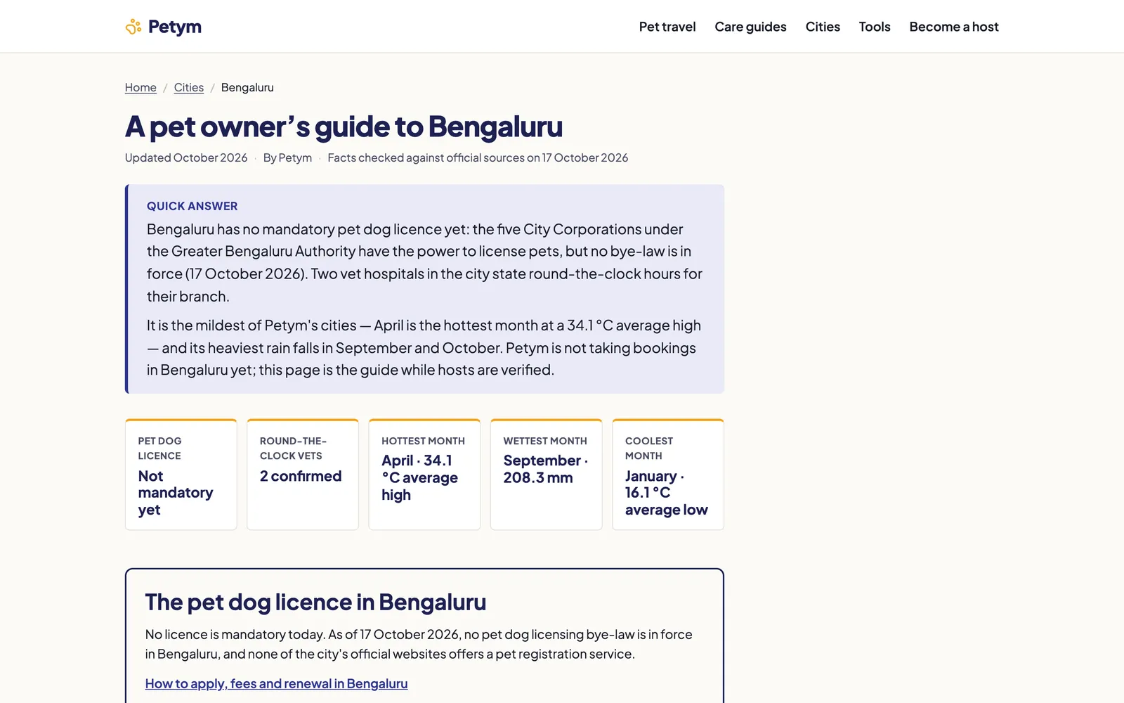 Bengaluru pet owner's guide with a 'Quick answer' panel, five fact cards and a pet dog licence card.