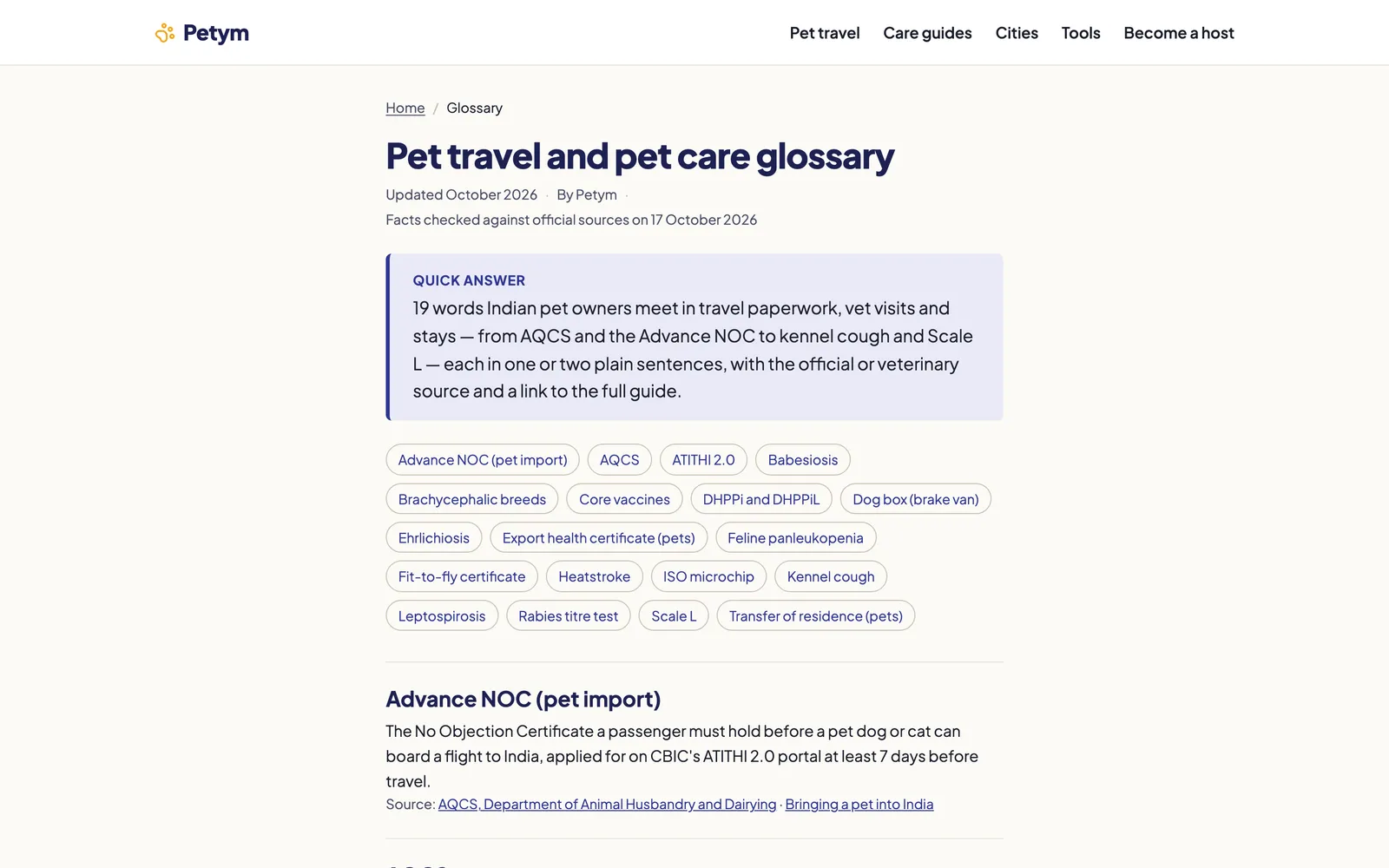 Glossary page with a quick-answer panel, a cloud of term chips and the first glossary entry with source links.
