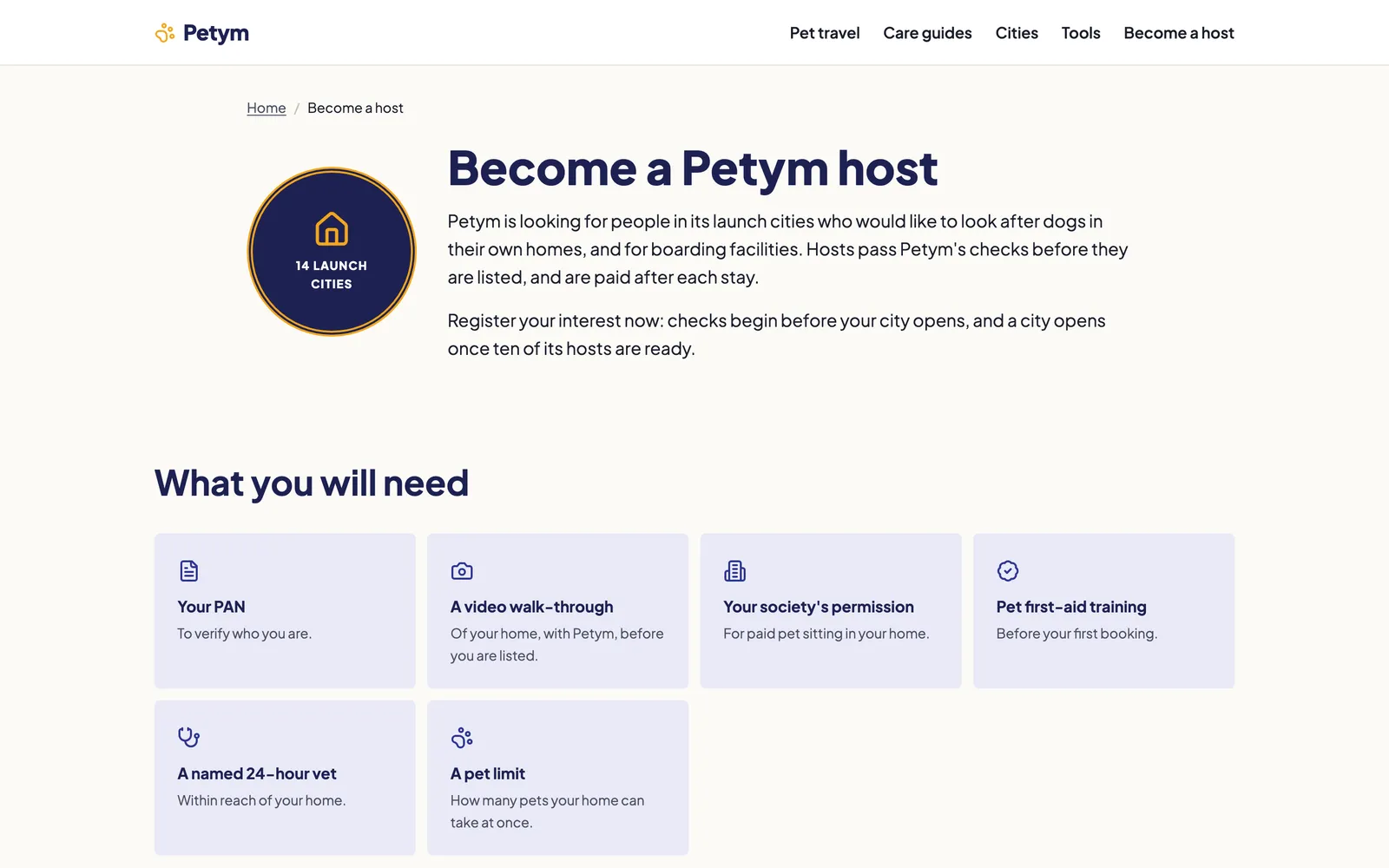 Become a Petym host page with a '14 launch cities' badge, intro text and a grid of six requirement cards.