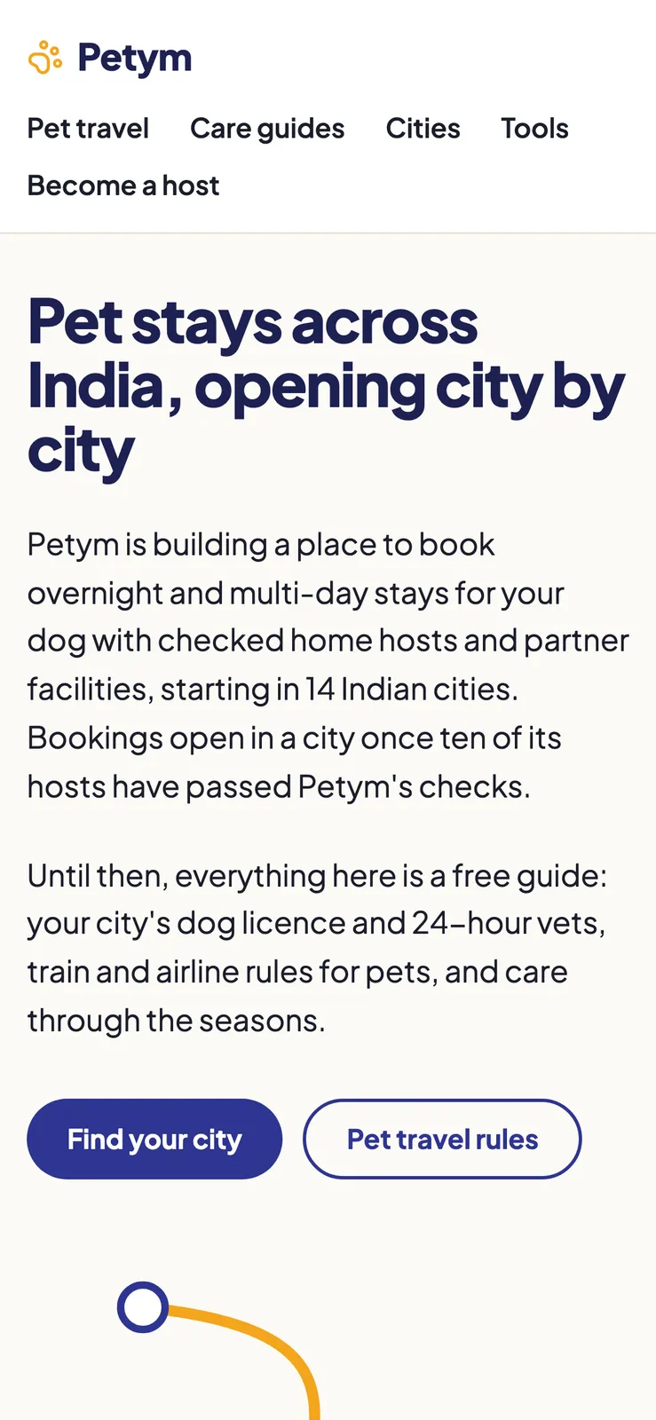 Mobile Petym home page with the headline, intro paragraph and buttons.