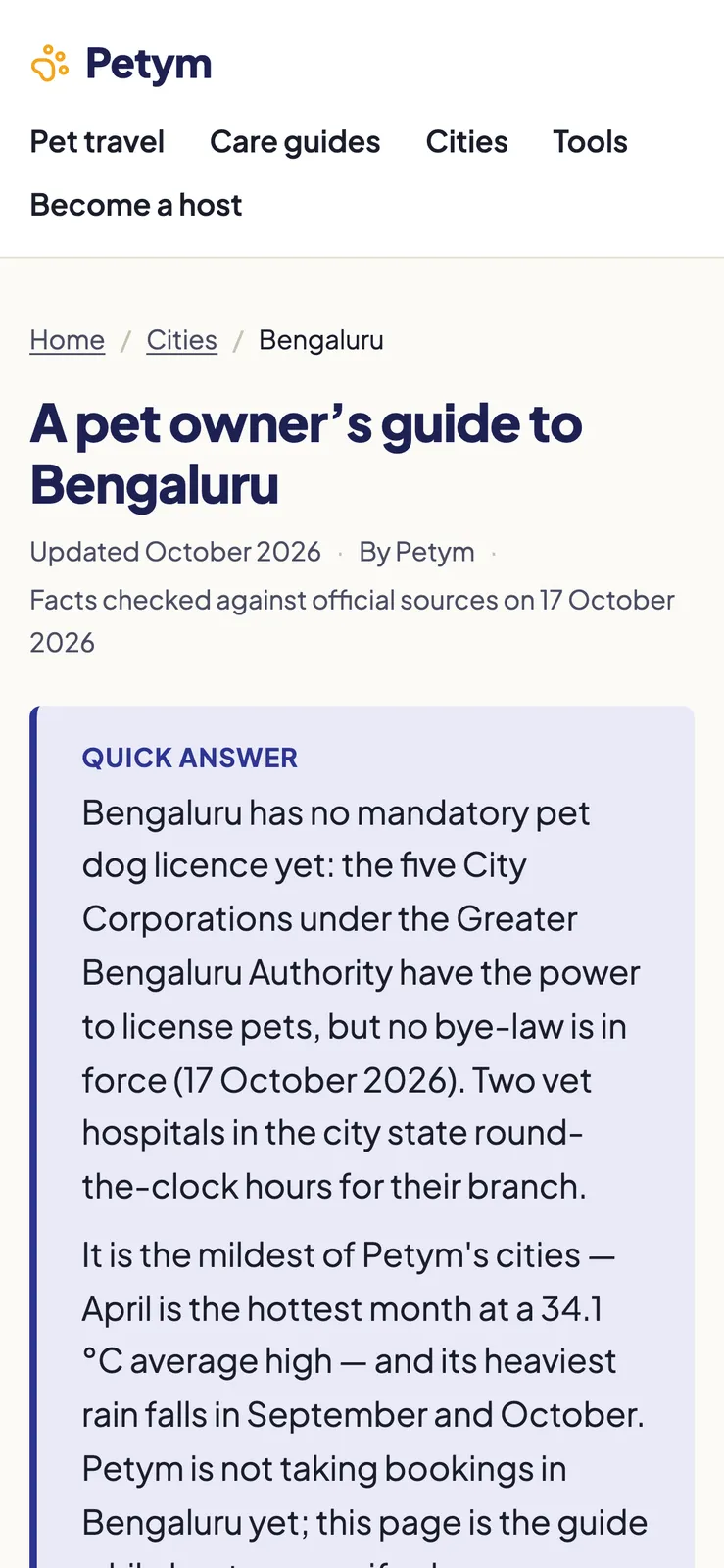 Mobile Bengaluru guide with breadcrumb, title and quick-answer panel.