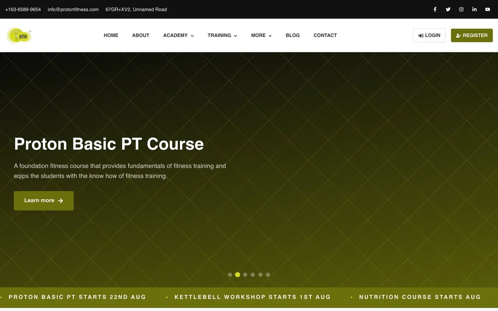 Proton Fitness home page on desktop