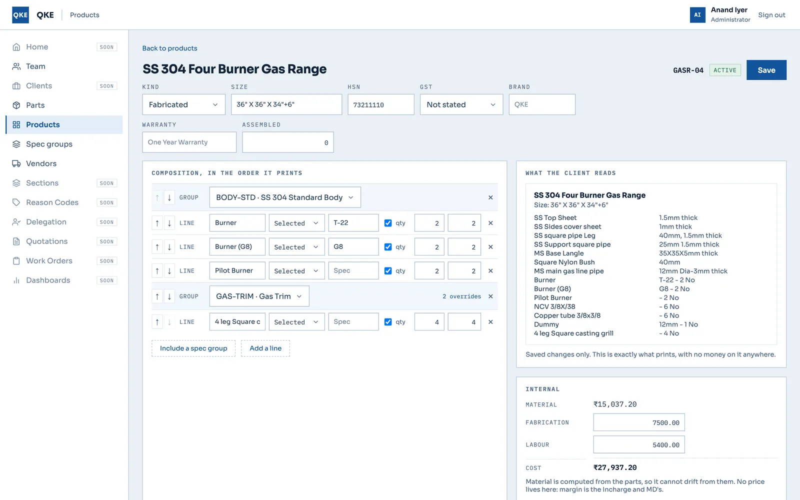 Product editor for a four-burner gas range with composition rows, a client-facing spec preview and an internal cost panel.