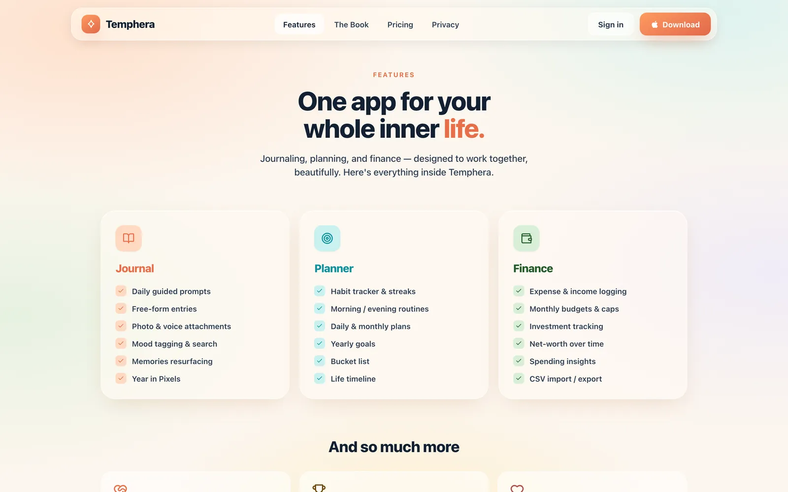 Temphera features page header and feature lists