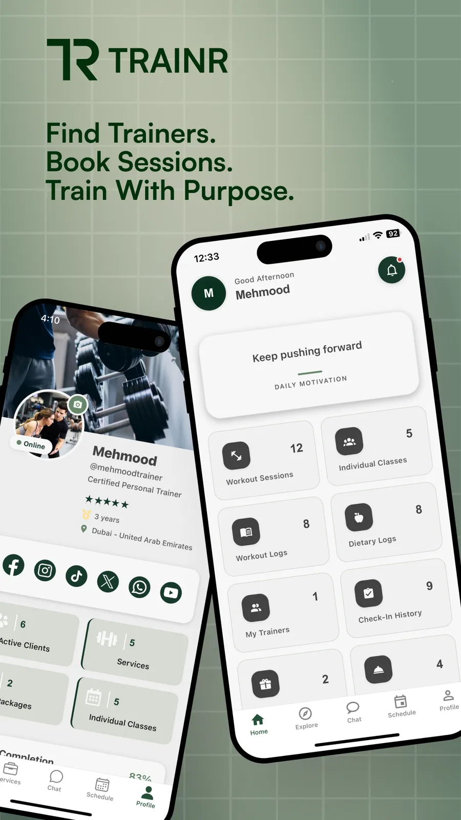 Trainr store screenshot showing the app home and a trainer profile card